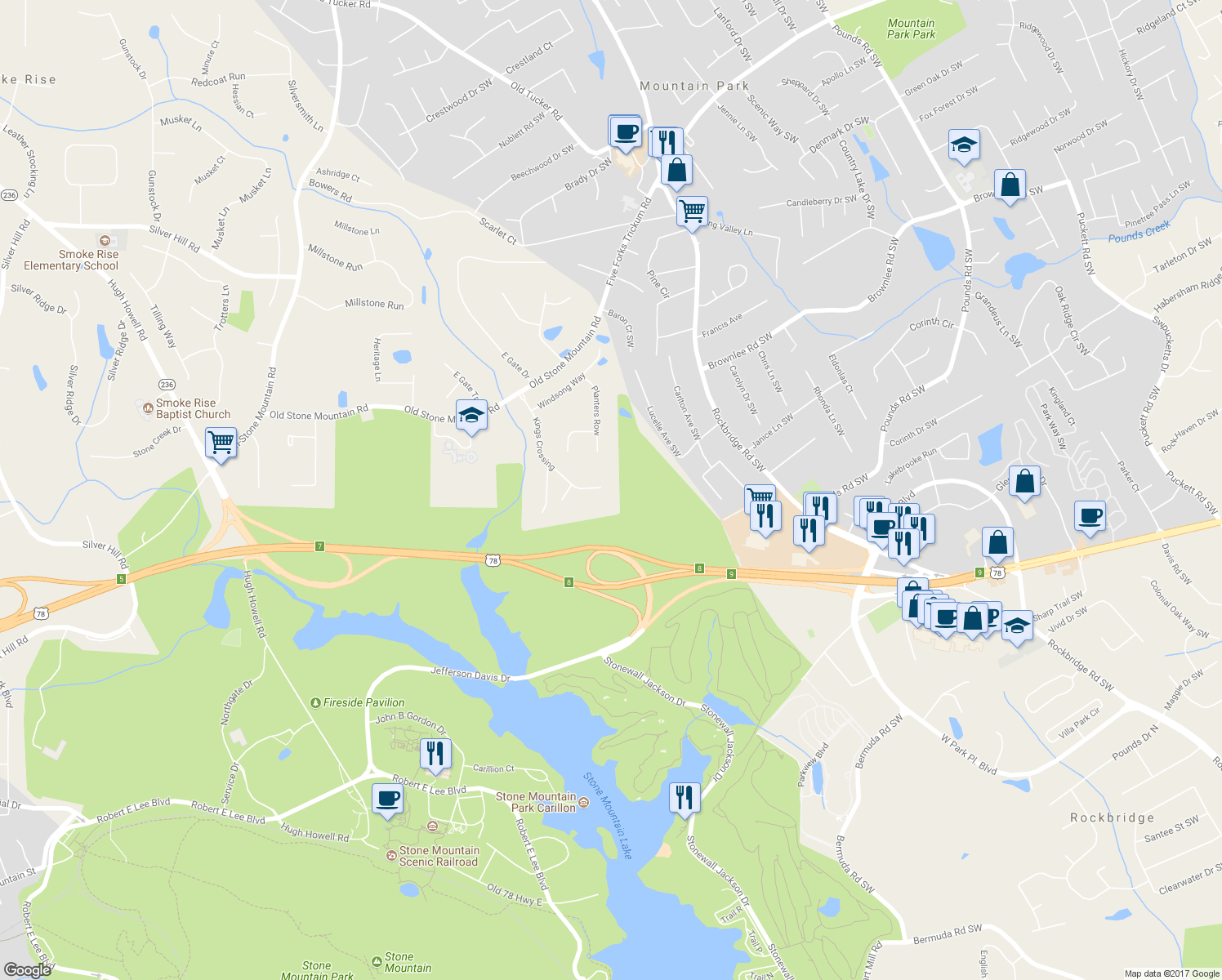map of restaurants, bars, coffee shops, grocery stores, and more near 1484 Kings Crossing in Stone Mountain