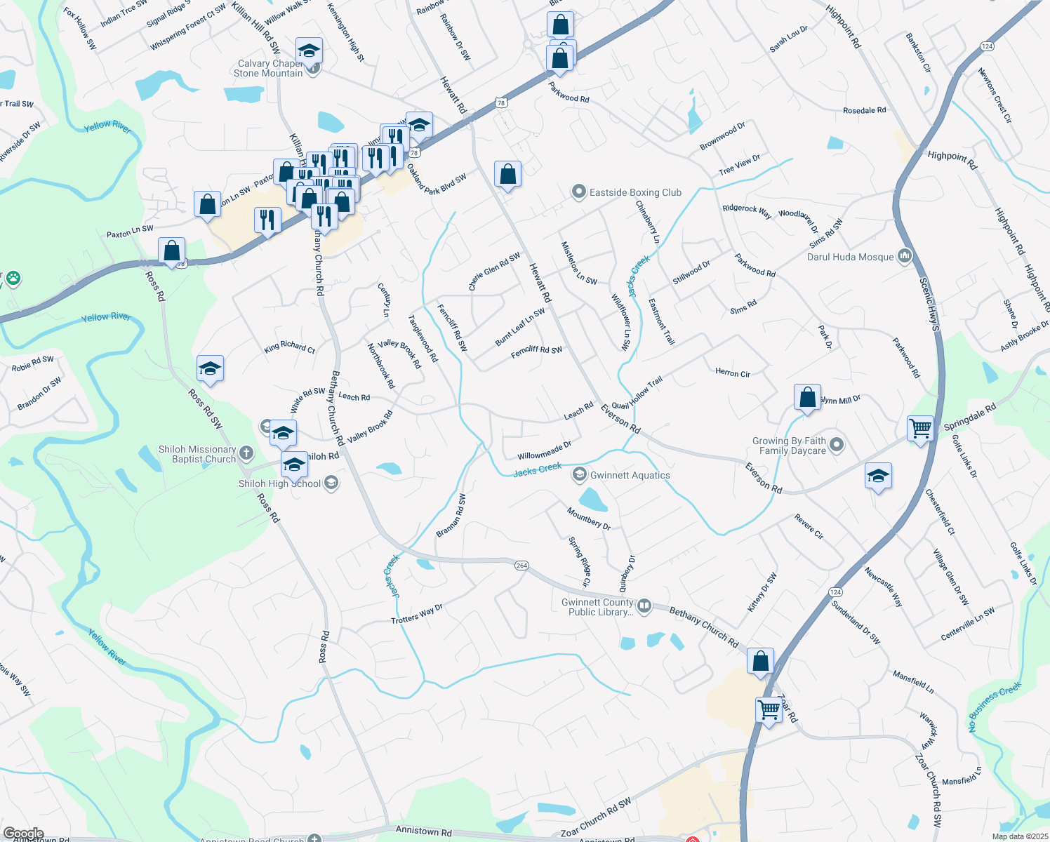 map of restaurants, bars, coffee shops, grocery stores, and more near 3899 Leach Road in Snellville