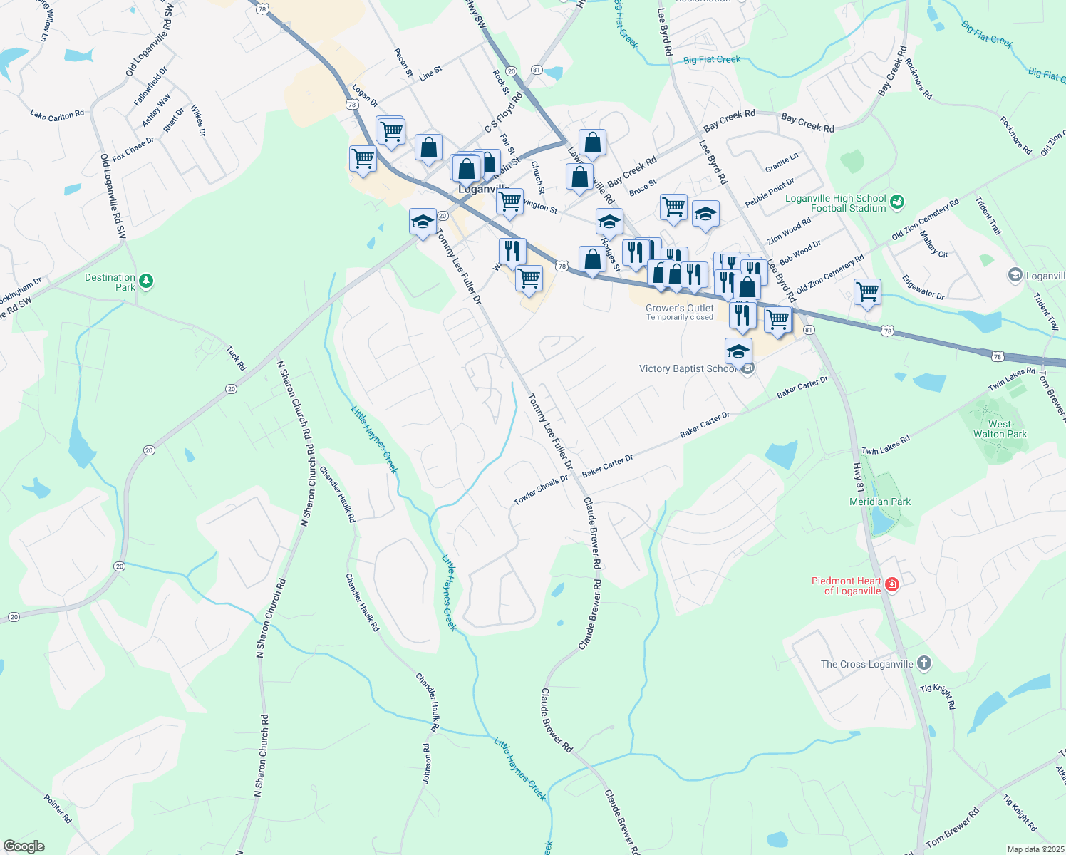 map of restaurants, bars, coffee shops, grocery stores, and more near 435 Towler Ct in Loganville