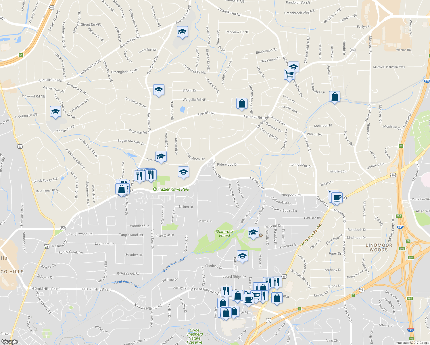 map of restaurants, bars, coffee shops, grocery stores, and more near 2667 Pangborn Road in Decatur