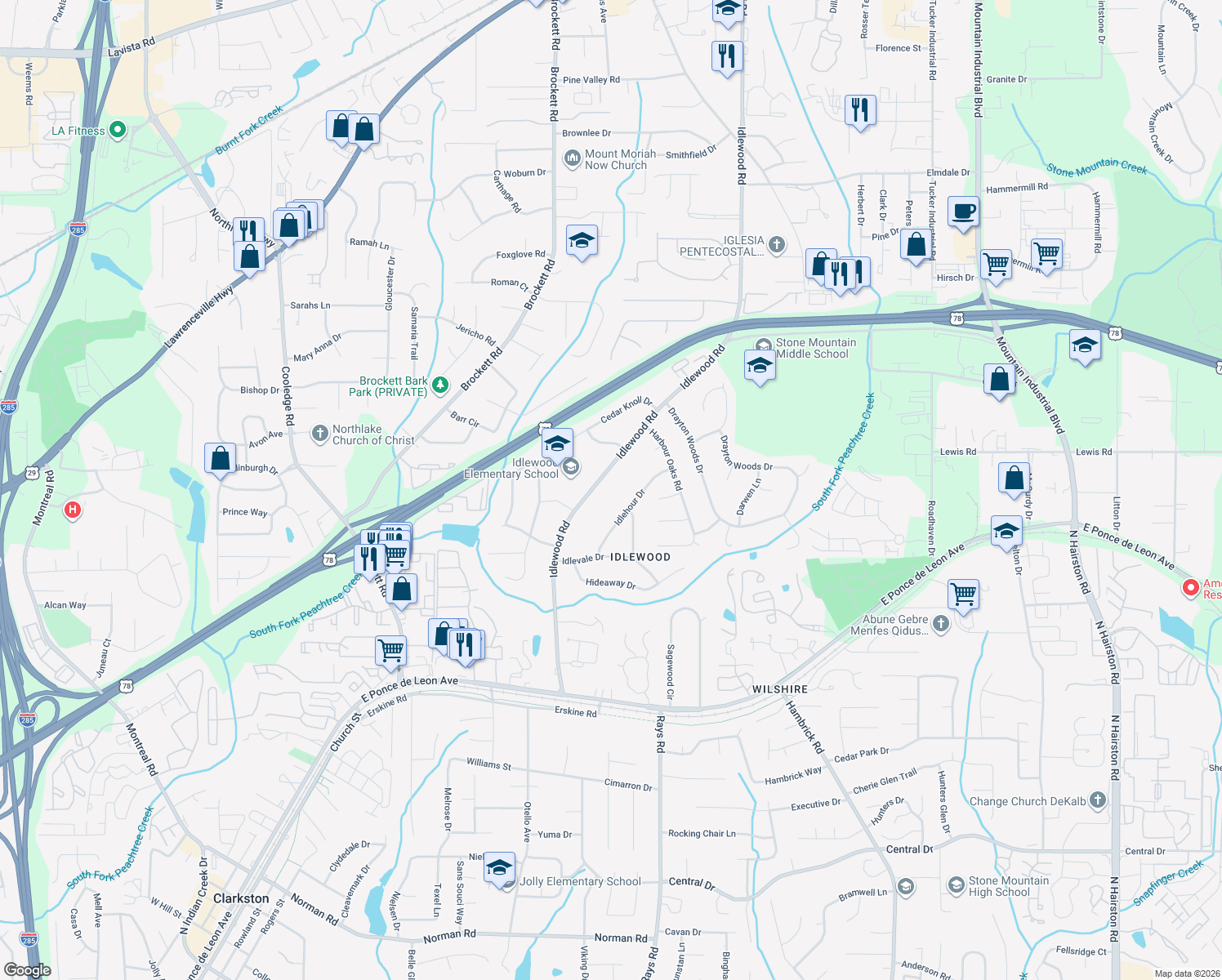 map of restaurants, bars, coffee shops, grocery stores, and more near 1519 Idlewood Rd in Tucker
