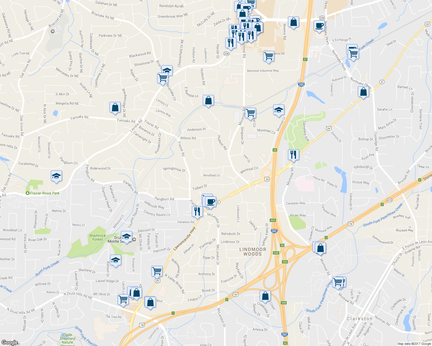 map of restaurants, bars, coffee shops, grocery stores, and more near 2991 Windfield Circle in Tucker