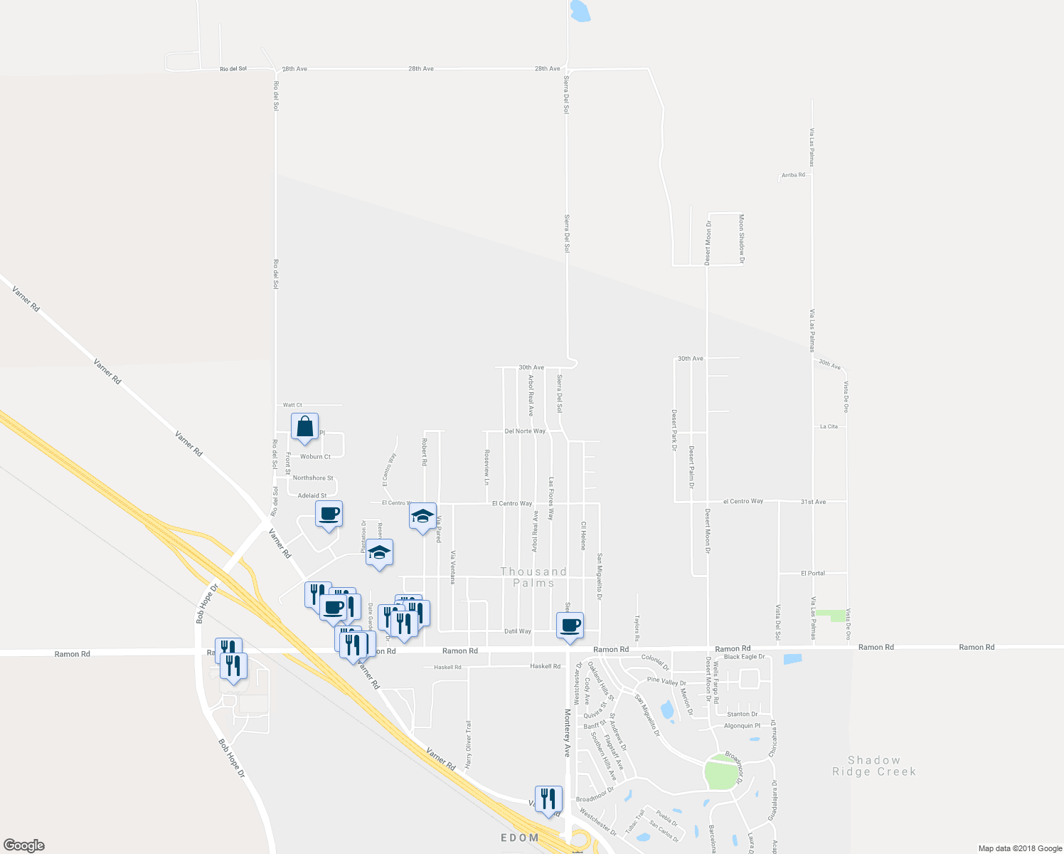 map of restaurants, bars, coffee shops, grocery stores, and more near 30475 Arbol Real Avenue in Thousand Palms
