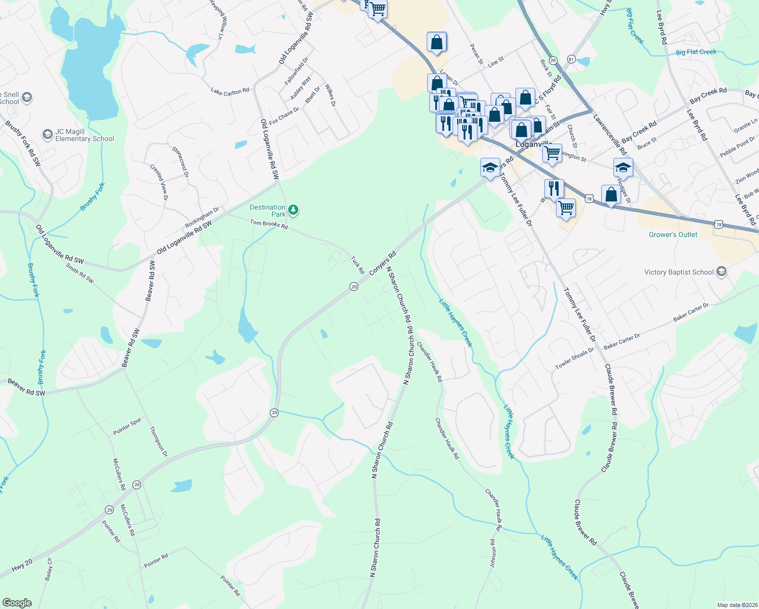 map of restaurants, bars, coffee shops, grocery stores, and more near 216 Chad Lane in Loganville