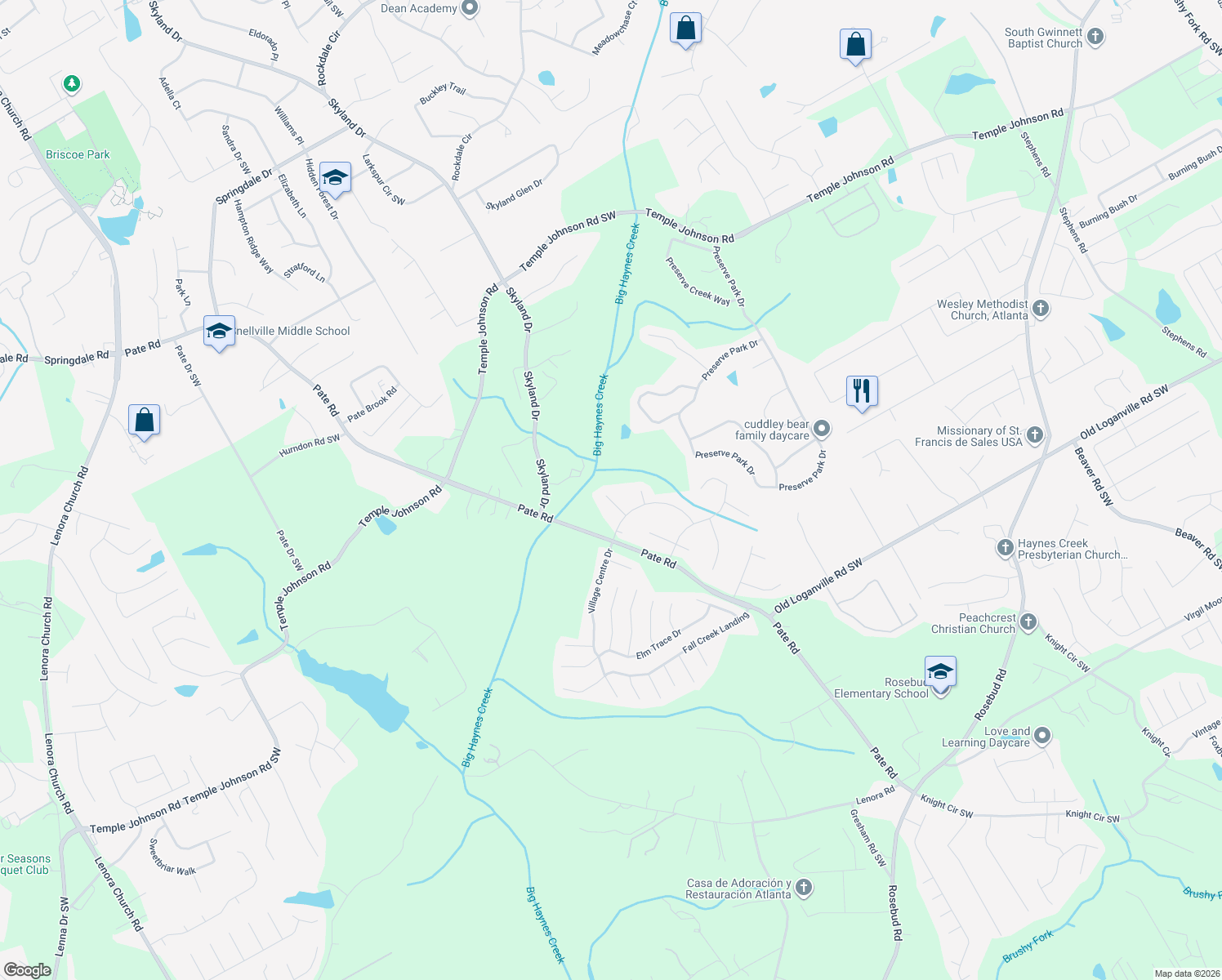 map of restaurants, bars, coffee shops, grocery stores, and more near 3630 Jensen Court in Loganville