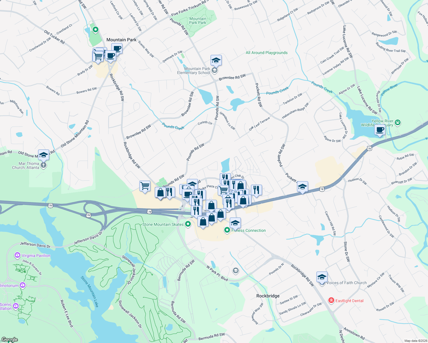 map of restaurants, bars, coffee shops, grocery stores, and more near 4945 Lakebrooke Run in Stone Mountain