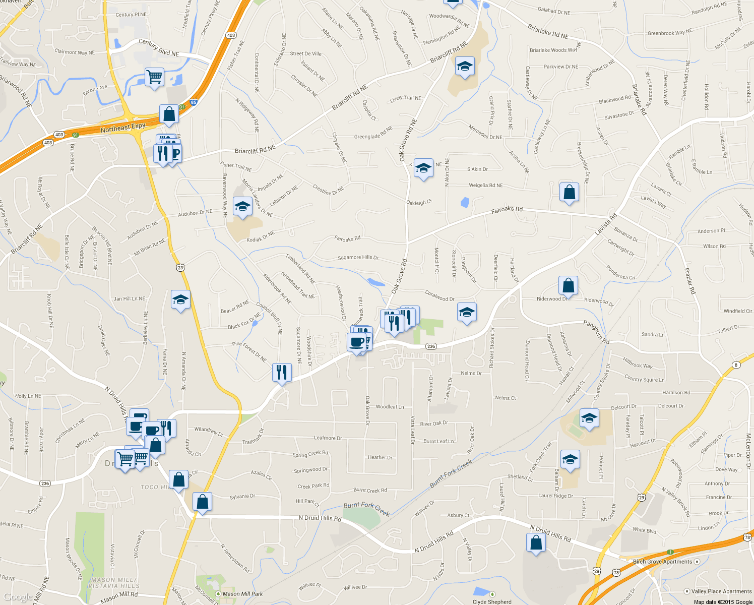 map of restaurants, bars, coffee shops, grocery stores, and more near 2374 Elon Way in Decatur