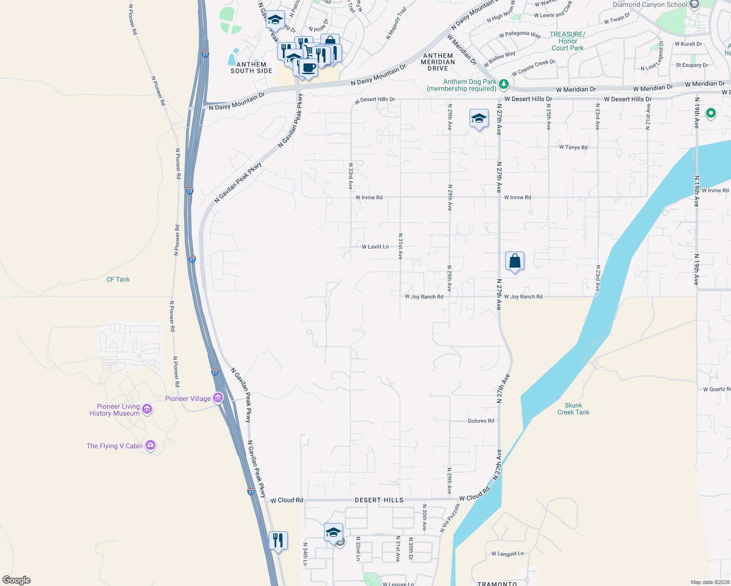 map of restaurants, bars, coffee shops, grocery stores, and more near 3225 West Blue Eagle Lane in New River