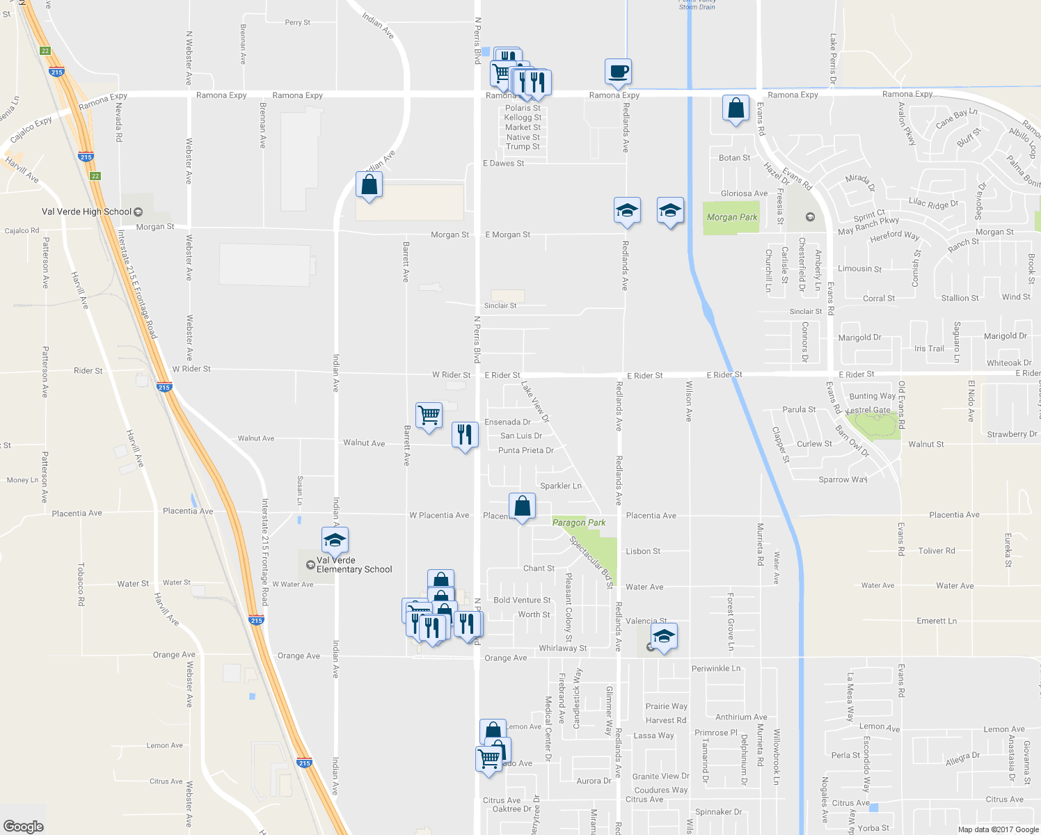 map of restaurants, bars, coffee shops, grocery stores, and more near 128 Ensenada Drive in Perris