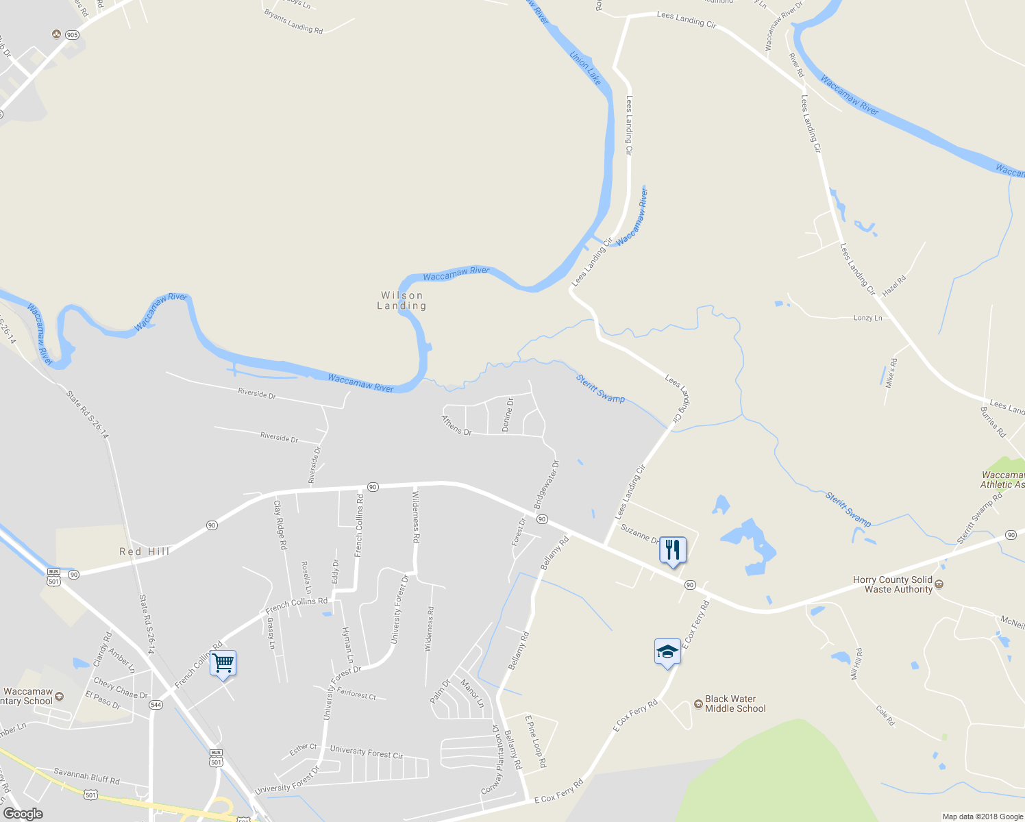 map of restaurants, bars, coffee shops, grocery stores, and more near 3024 Denine Dr in Conway