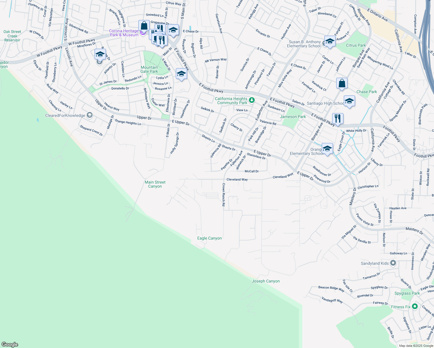 map of restaurants, bars, coffee shops, grocery stores, and more near 760 Payette Drive in Corona