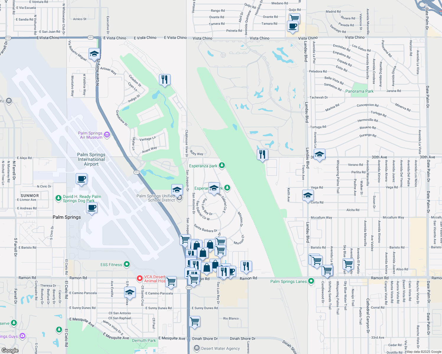 map of restaurants, bars, coffee shops, grocery stores, and more near 30340 San Diego Drive in Cathedral City