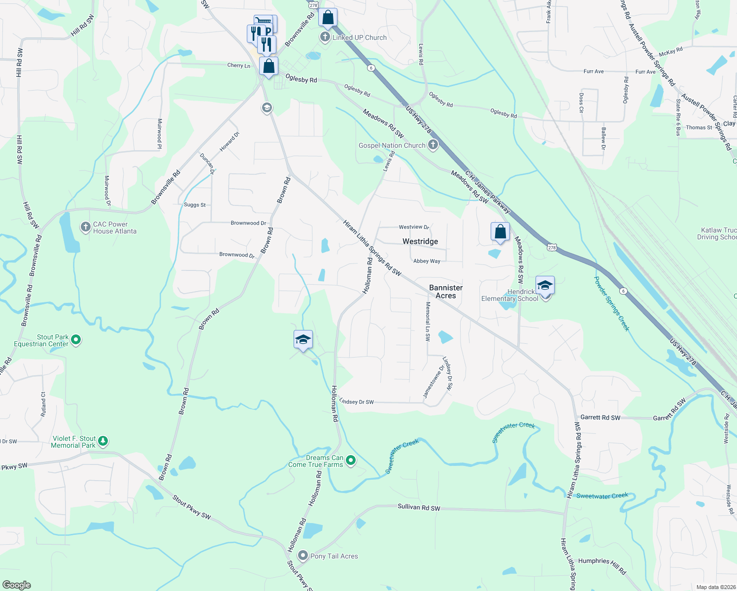 map of restaurants, bars, coffee shops, grocery stores, and more near 5302 Paddington Lane in Powder Springs
