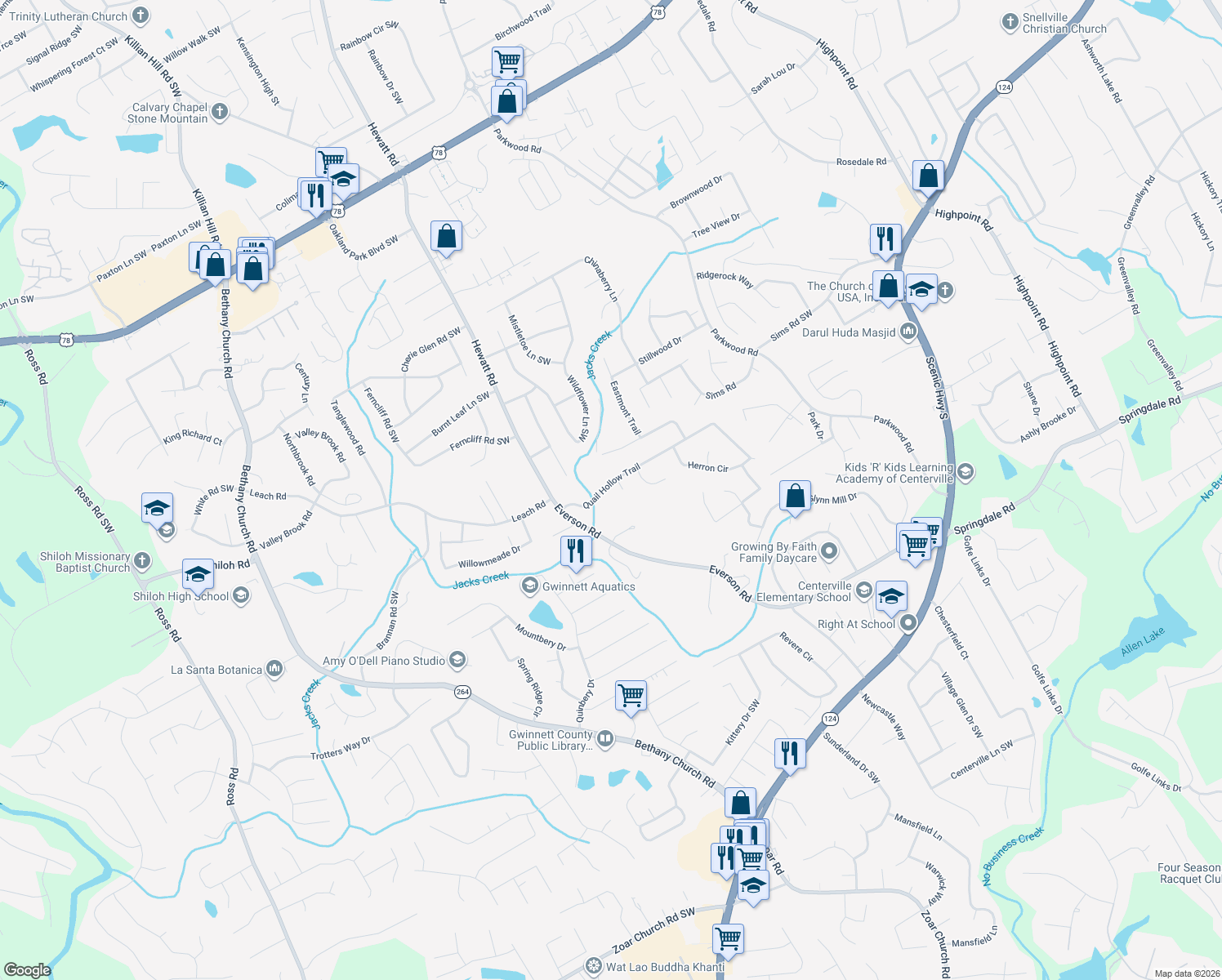 map of restaurants, bars, coffee shops, grocery stores, and more near 3730 Quail Hollow Trail in Snellville