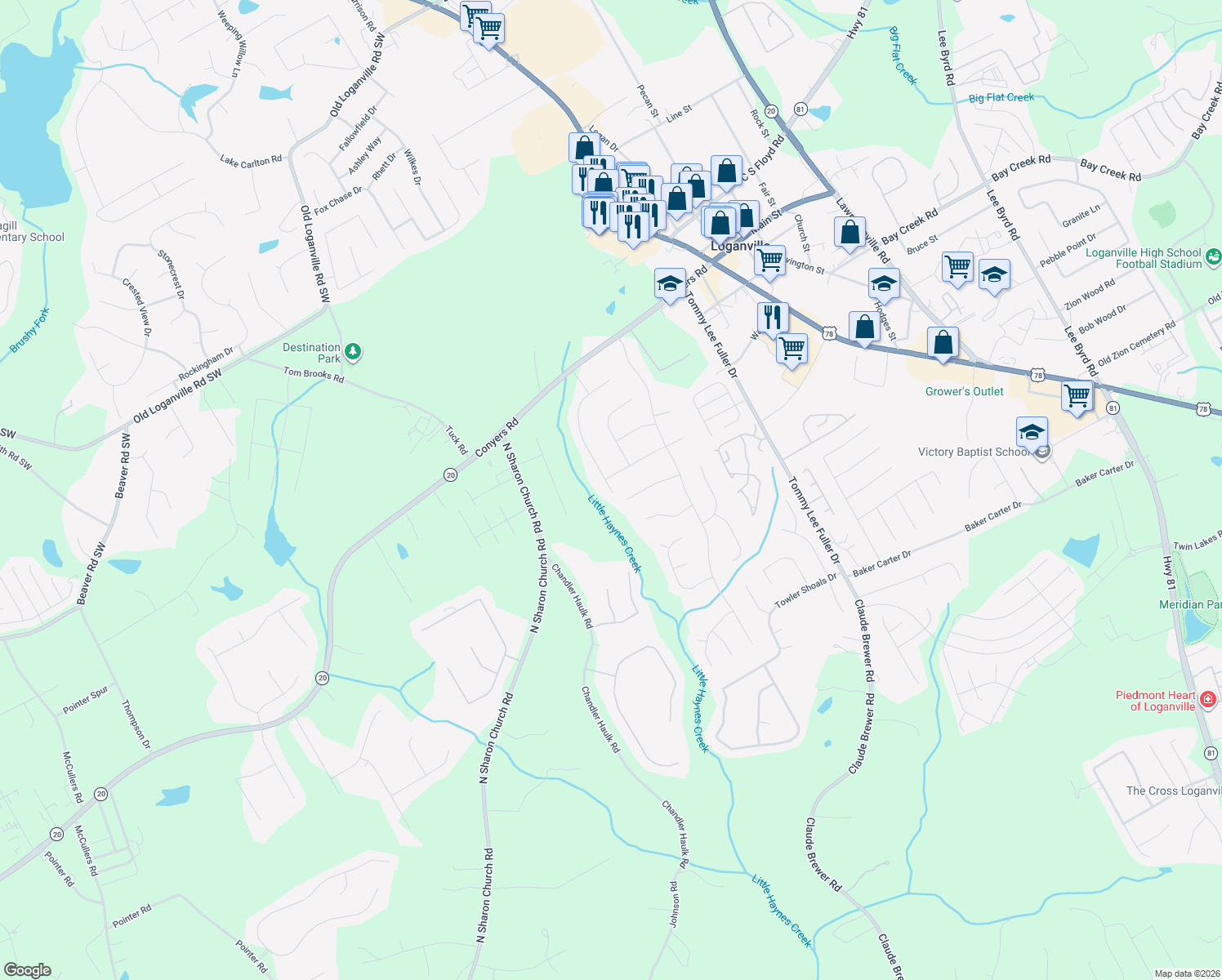 map of restaurants, bars, coffee shops, grocery stores, and more near 161 Holly Ct in Loganville