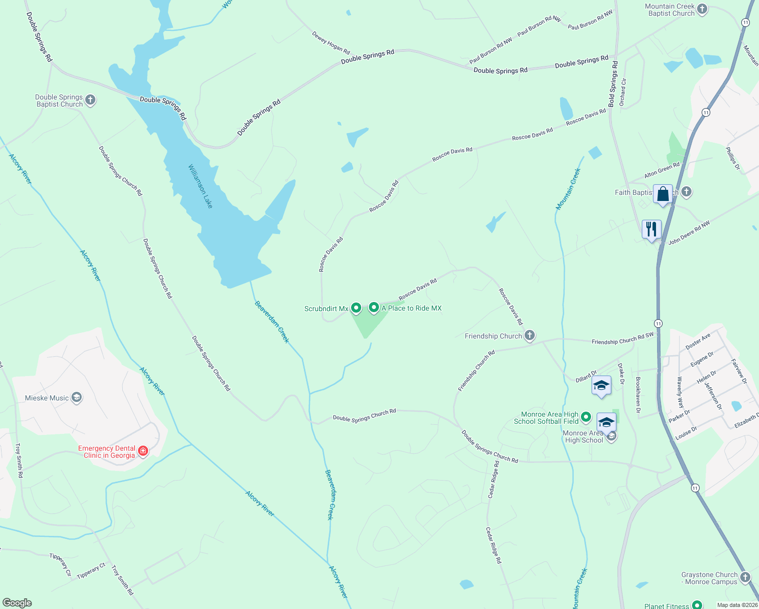 map of restaurants, bars, coffee shops, grocery stores, and more near 1523 Roscoe Davis Road Southwest in Monroe