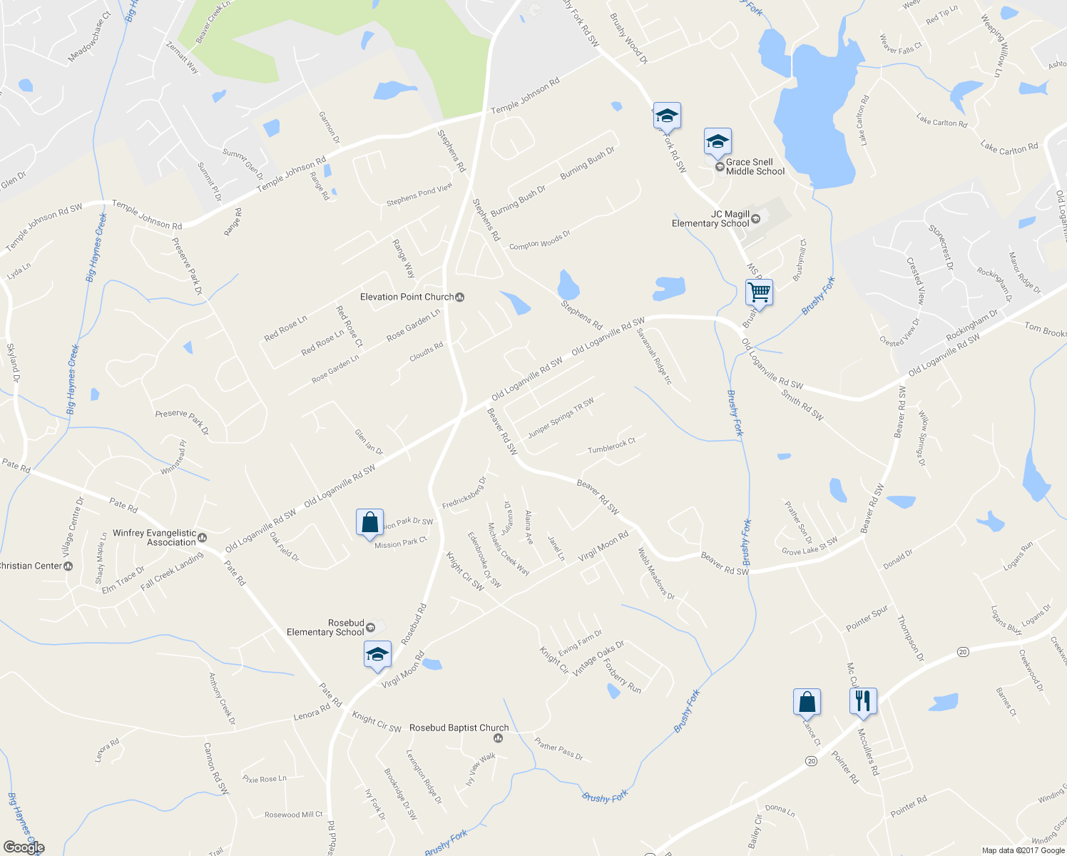 map of restaurants, bars, coffee shops, grocery stores, and more near 1465 Juniper Springs TR Southwest in Loganville
