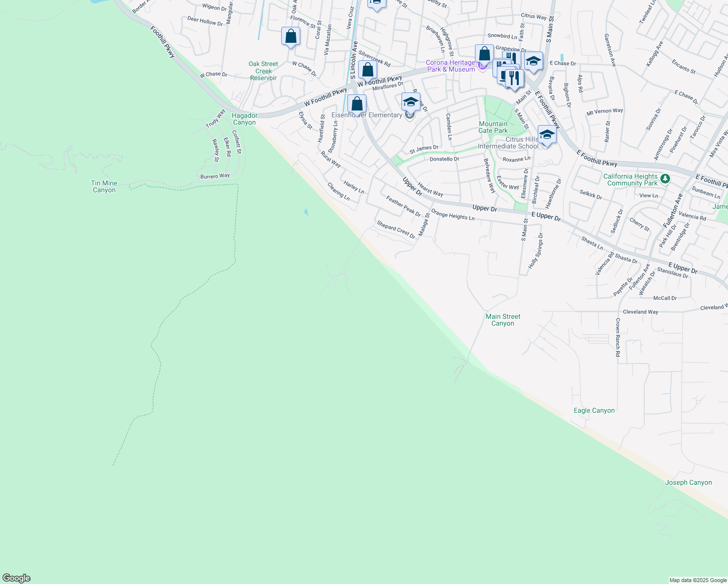 map of restaurants, bars, coffee shops, grocery stores, and more near in Corona