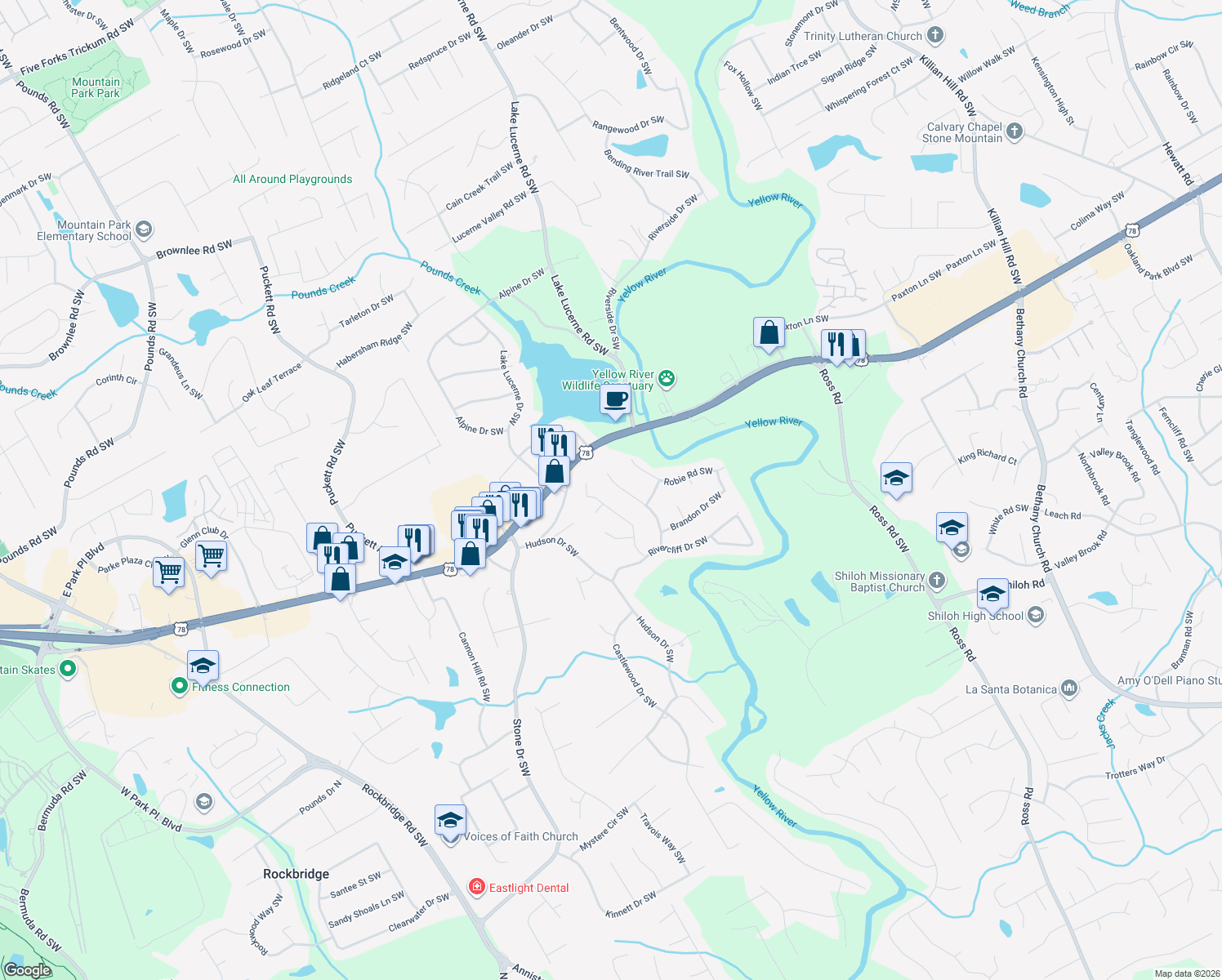 map of restaurants, bars, coffee shops, grocery stores, and more near 2127 Lunceford Ln SW in Lilburn