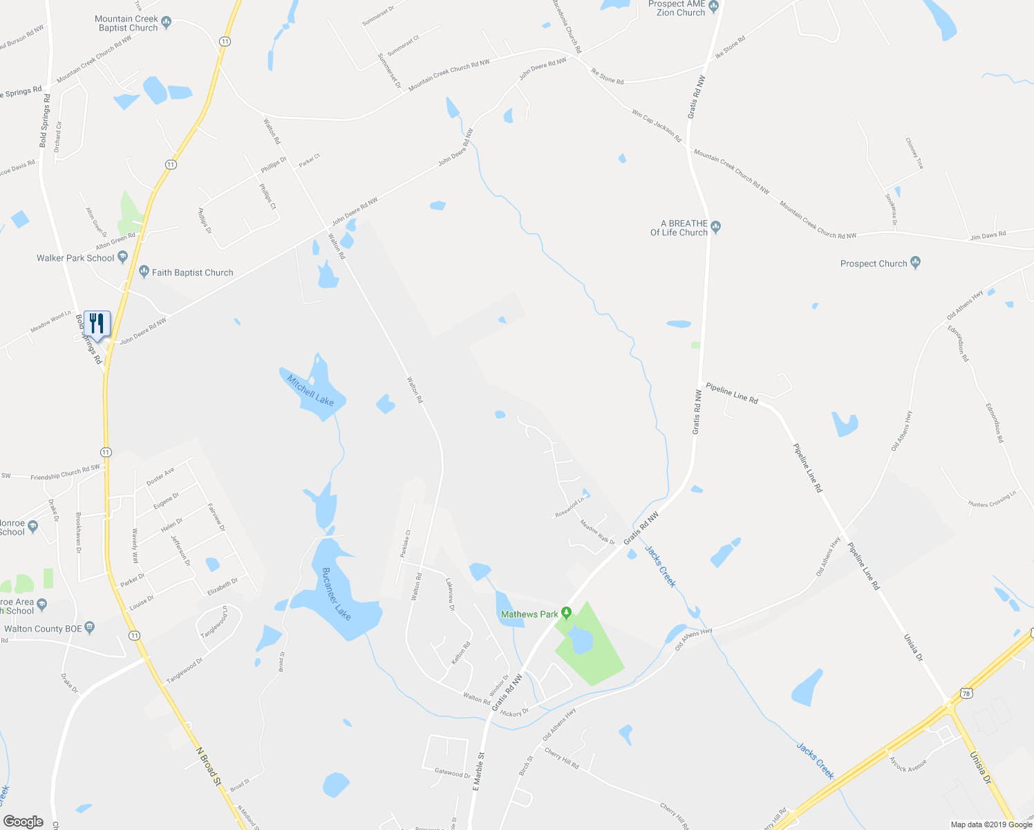 map of restaurants, bars, coffee shops, grocery stores, and more near 1803 Meadow Walk Dr in Monroe