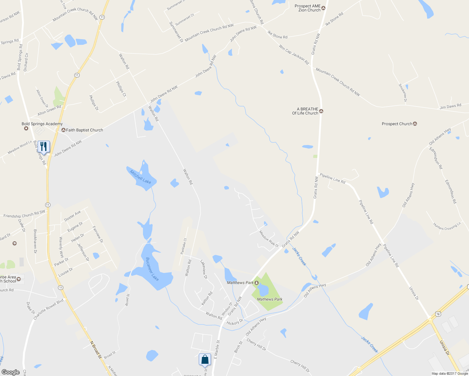 map of restaurants, bars, coffee shops, grocery stores, and more near 1812 Meadow Walk Dr in Monroe