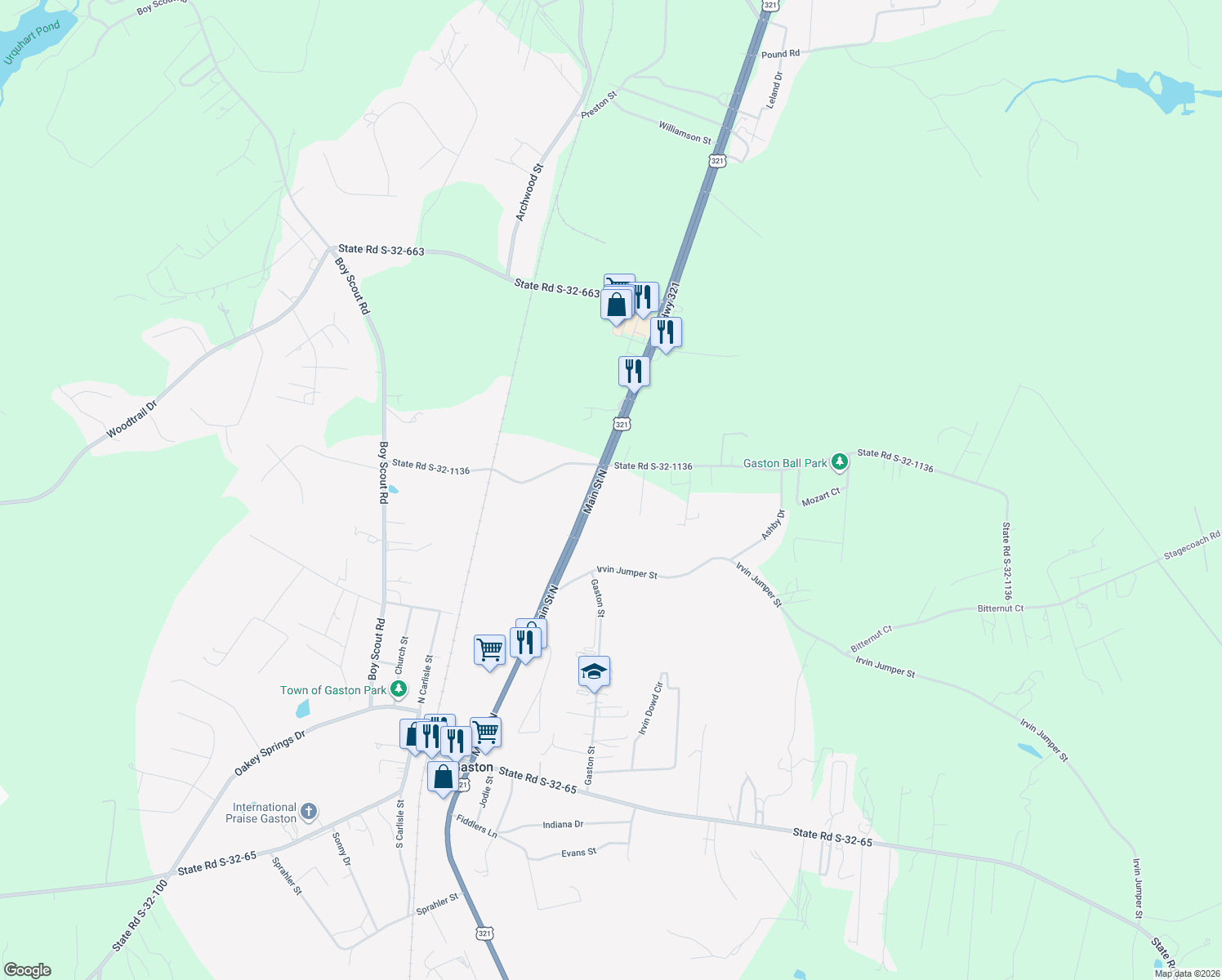 map of restaurants, bars, coffee shops, grocery stores, and more near 356 Main Street North in Gaston