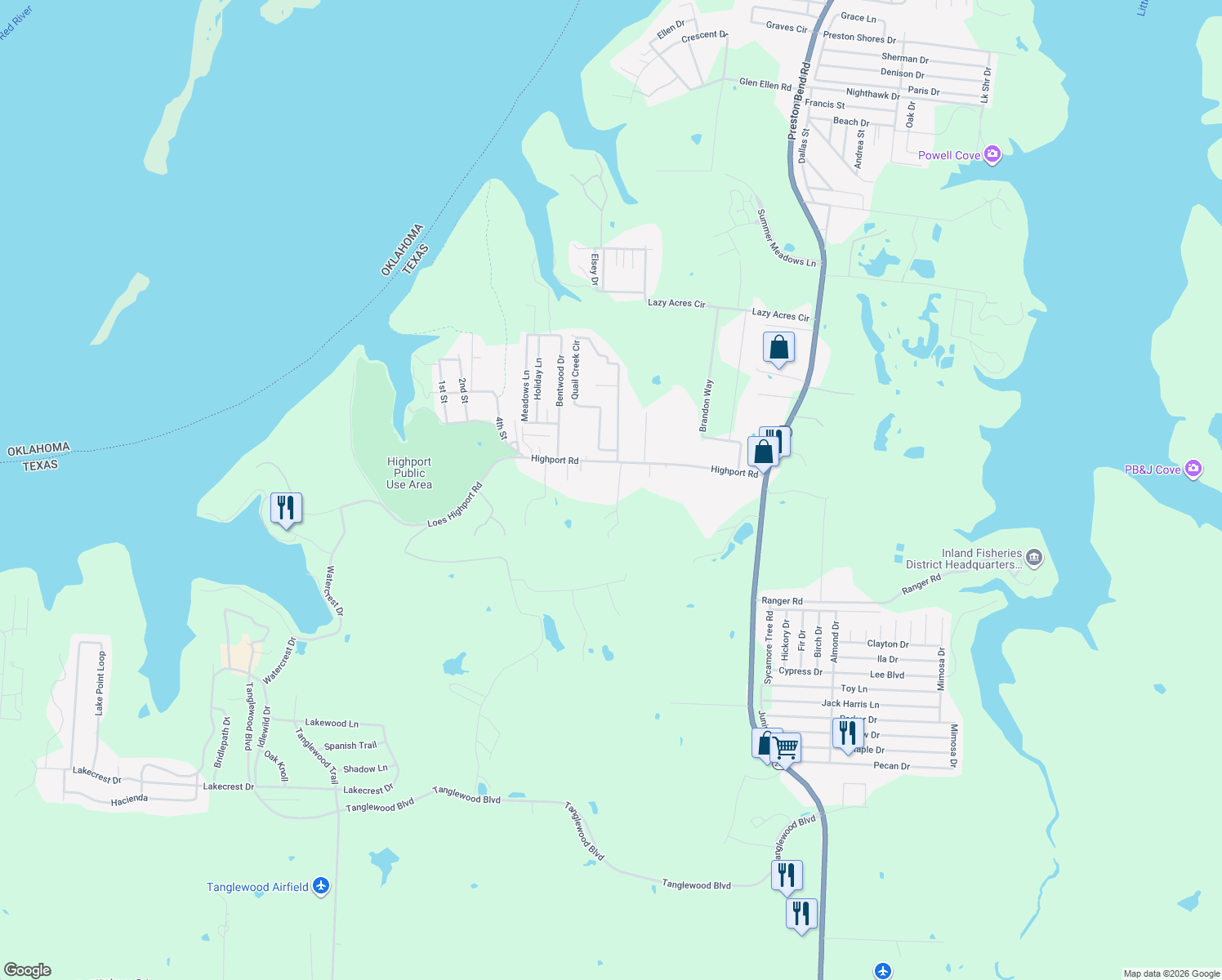 map of restaurants, bars, coffee shops, grocery stores, and more near 91 Ridge Road in Pottsboro