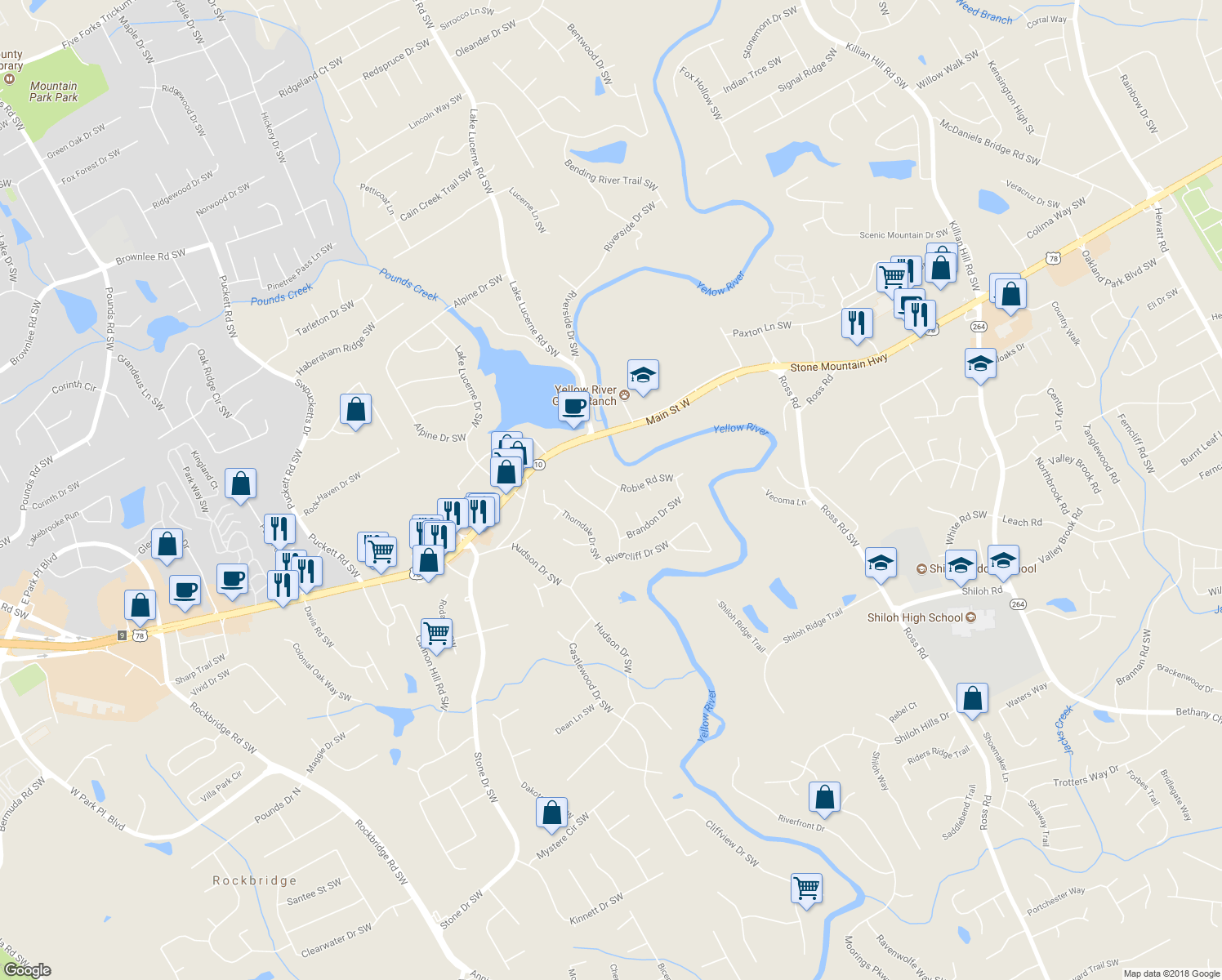 map of restaurants, bars, coffee shops, grocery stores, and more near 2167 Jonquil Drive Southwest in Lilburn