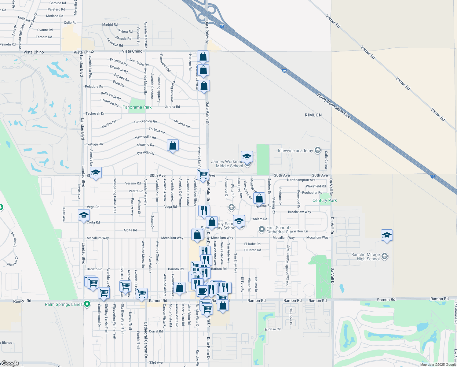 map of restaurants, bars, coffee shops, grocery stores, and more near 30122 Alexander Drive in Cathedral City