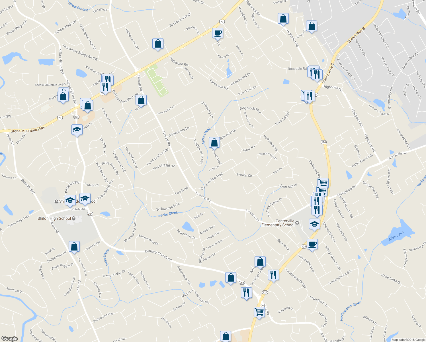 map of restaurants, bars, coffee shops, grocery stores, and more near 3680 Erdly Lane in Snellville