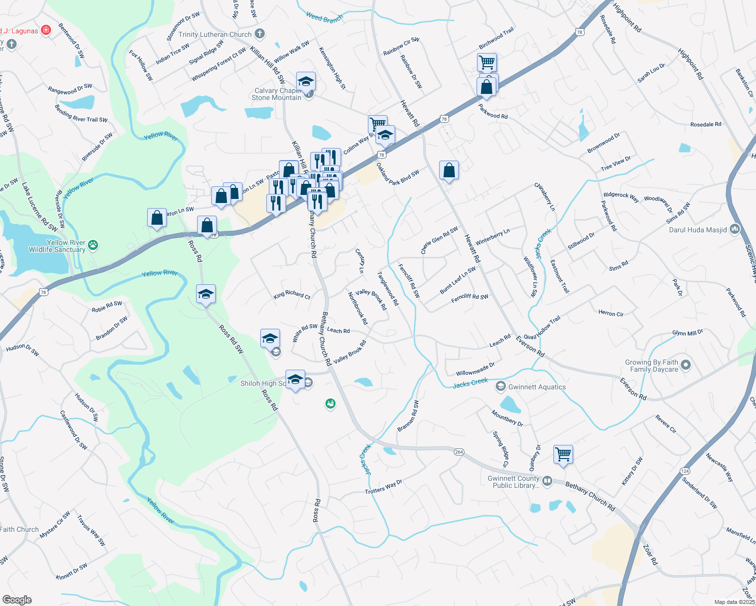 map of restaurants, bars, coffee shops, grocery stores, and more near 3919 Valley Brook Road in Snellville