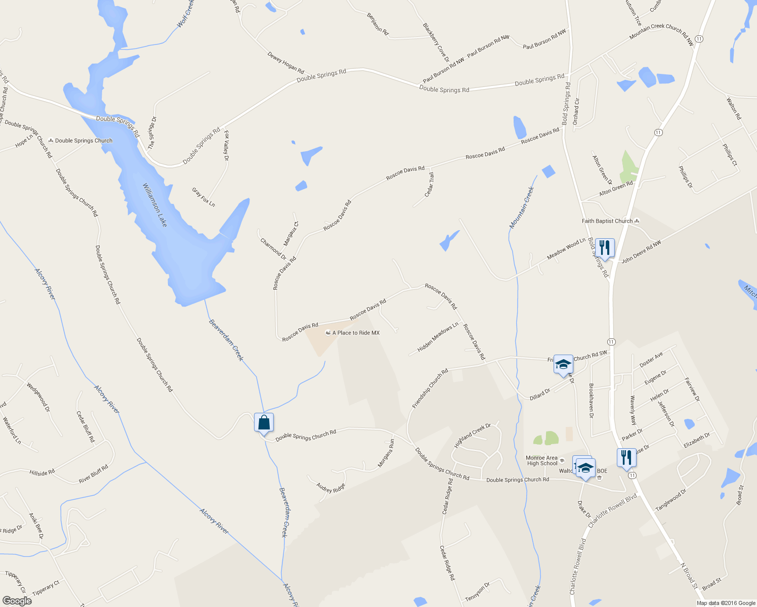 map of restaurants, bars, coffee shops, grocery stores, and more near 1628 Roscoe Davis Road in Monroe