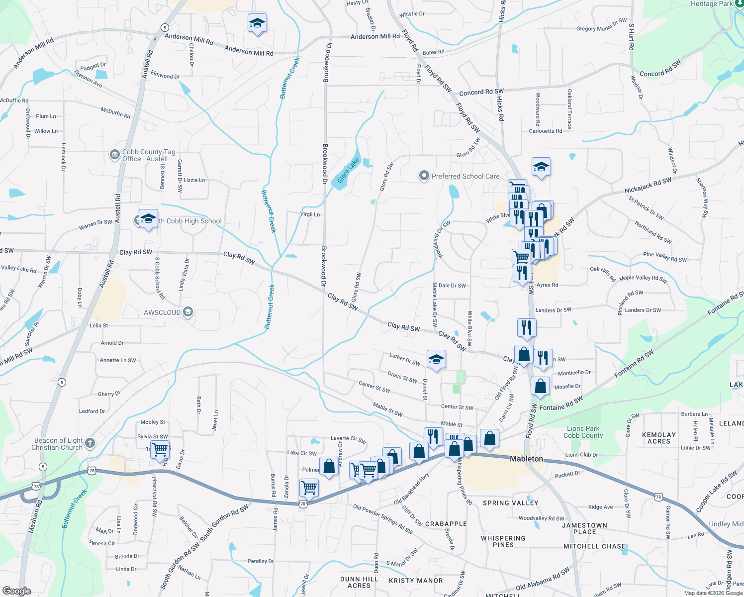 map of restaurants, bars, coffee shops, grocery stores, and more near 1201 Lafayette Drive Southwest in Mableton