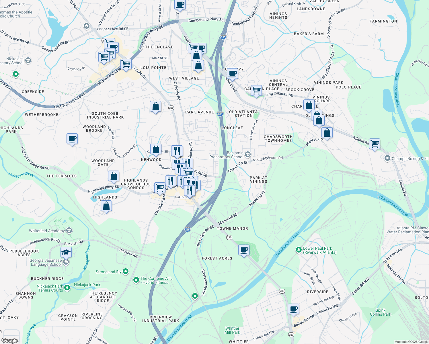 map of restaurants, bars, coffee shops, grocery stores, and more near 5156 Whiteoak Terrace Southeast in Smyrna