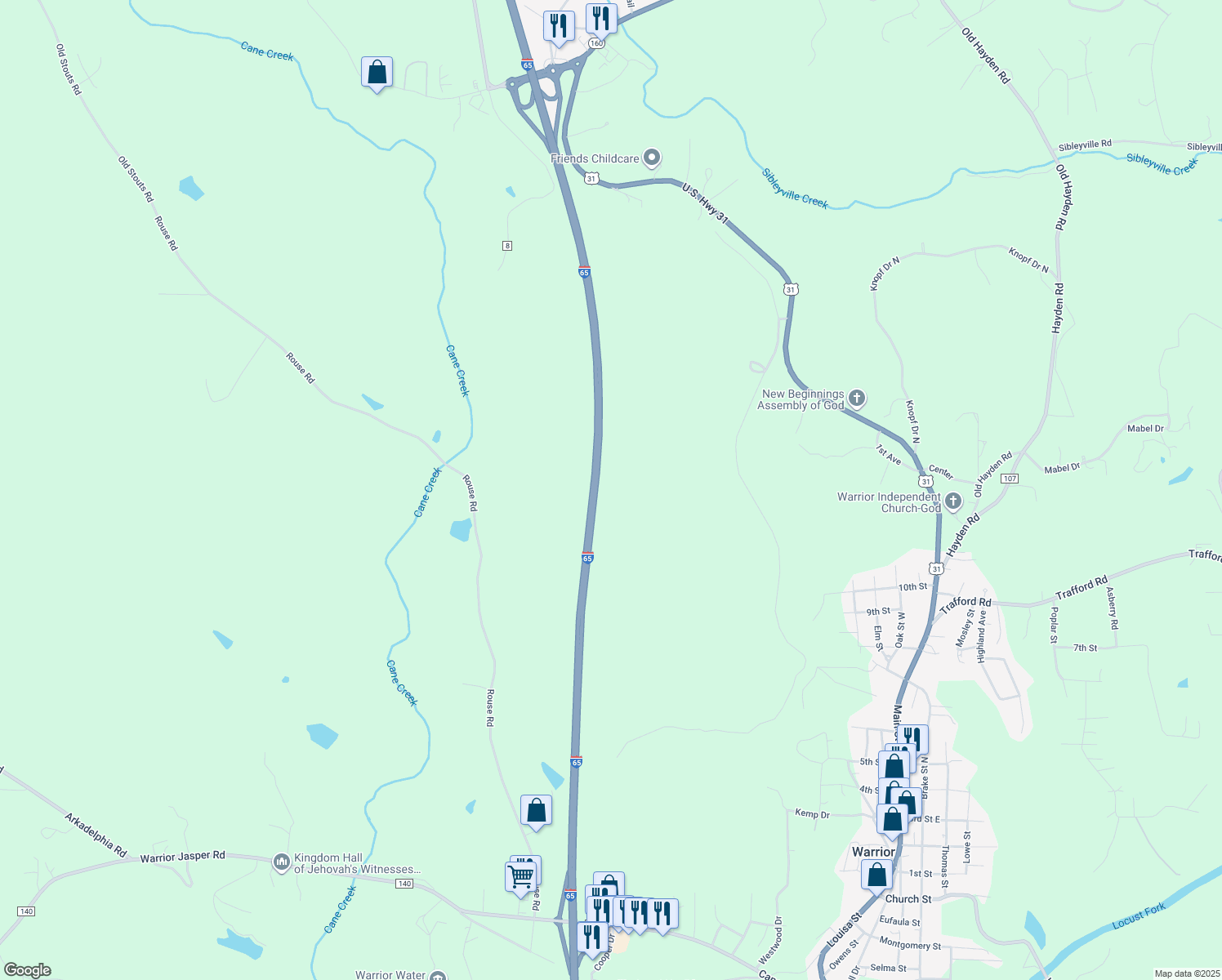 map of restaurants, bars, coffee shops, grocery stores, and more near 11254 U.S. 31 in Warrior