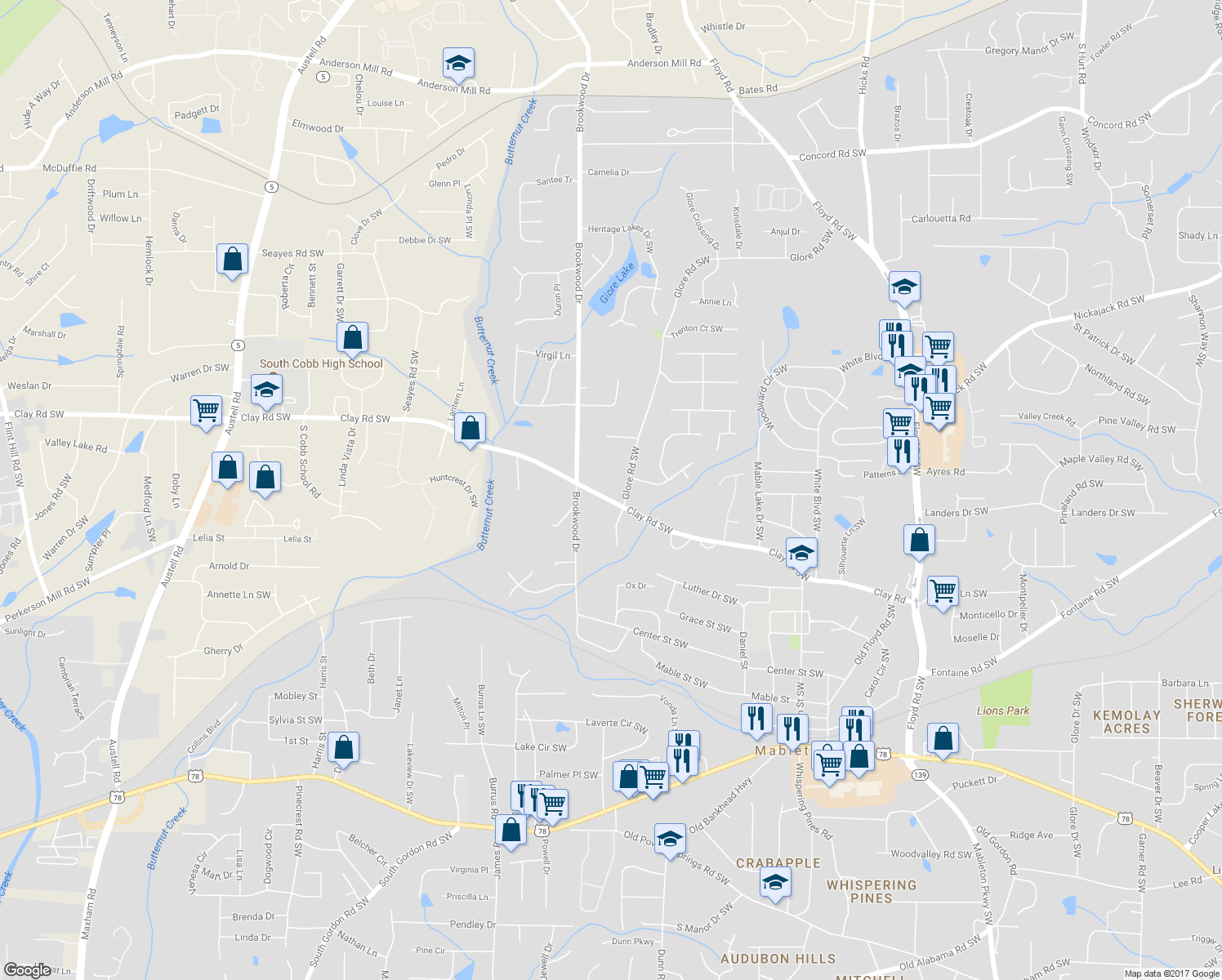 map of restaurants, bars, coffee shops, grocery stores, and more near 1290 Clay Road Southwest in Mableton