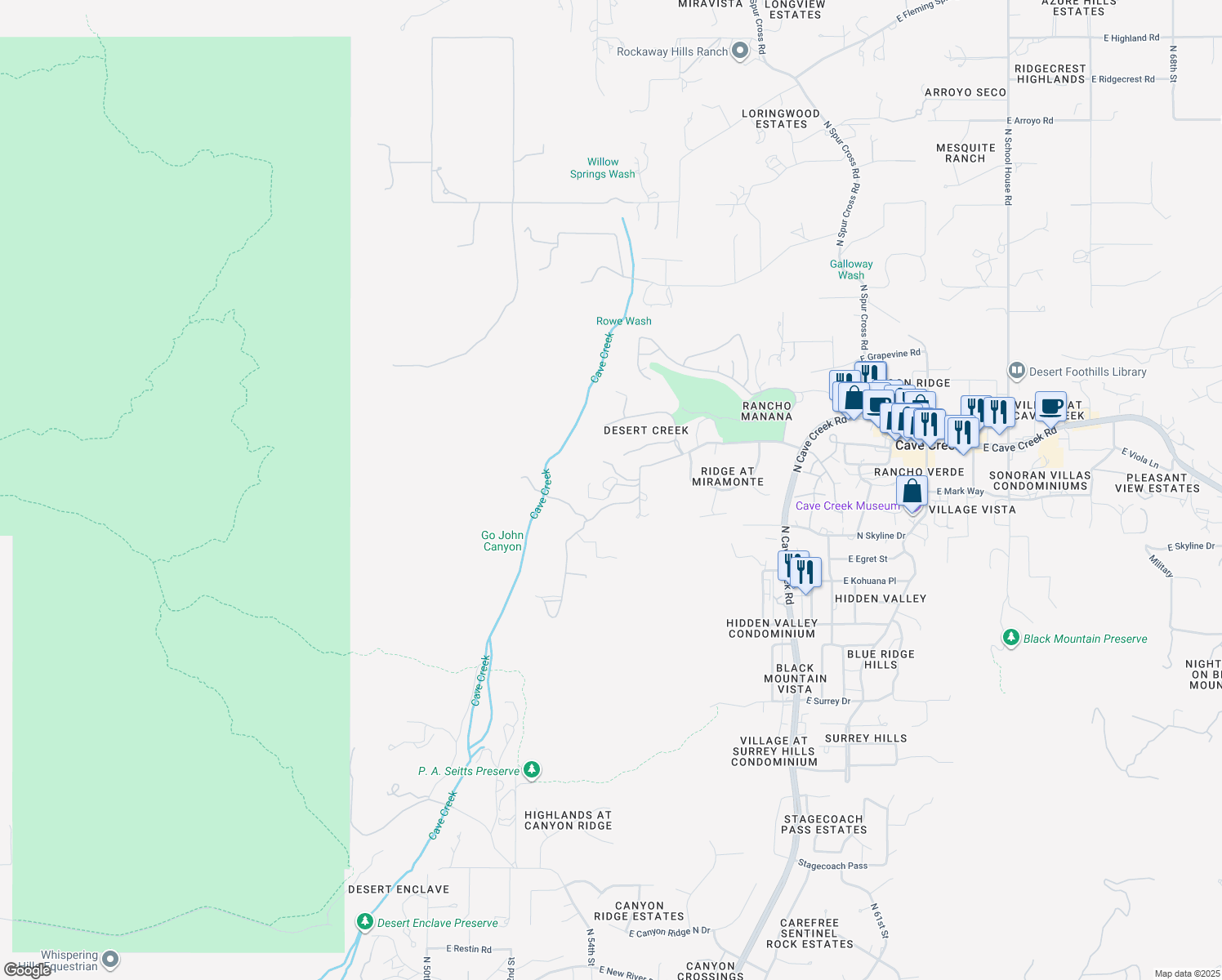 map of restaurants, bars, coffee shops, grocery stores, and more near 5445 East Rancho Manana Boulevard in Cave Creek