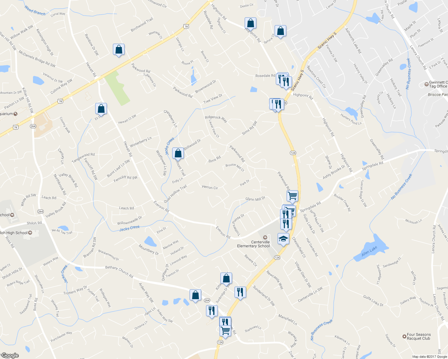 map of restaurants, bars, coffee shops, grocery stores, and more near 3381 Quail Hollow Trail in Snellville