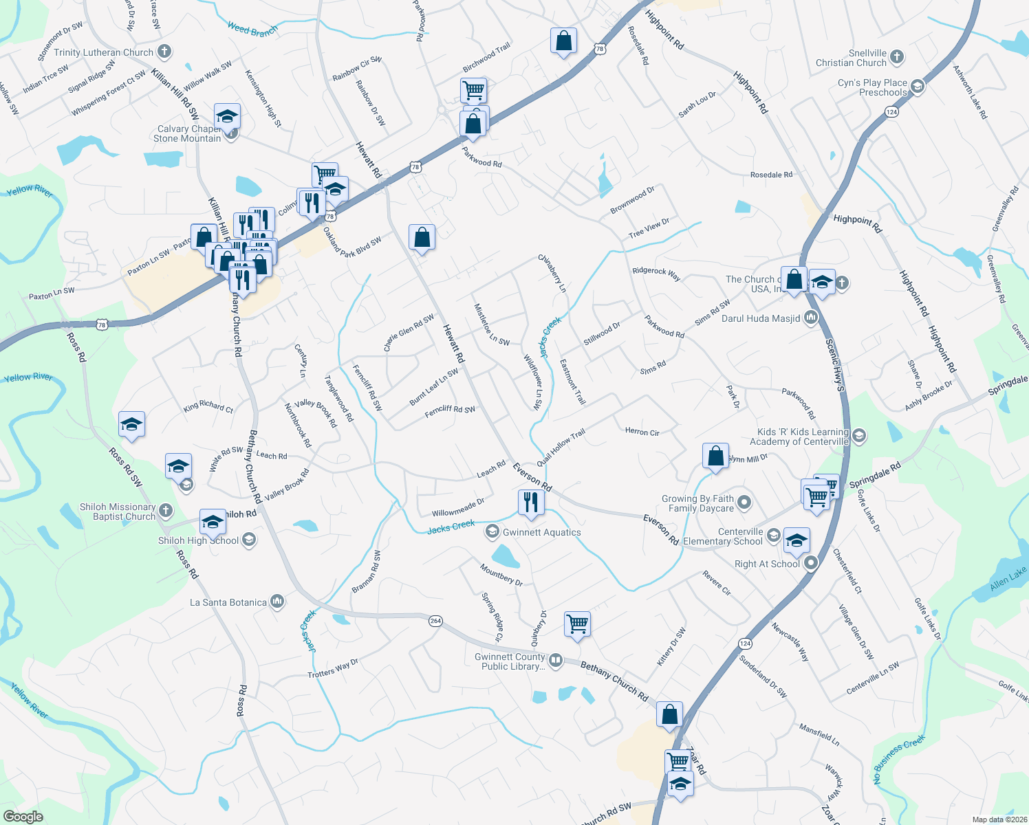 map of restaurants, bars, coffee shops, grocery stores, and more near 2694 Laurel View Dr in Snellville