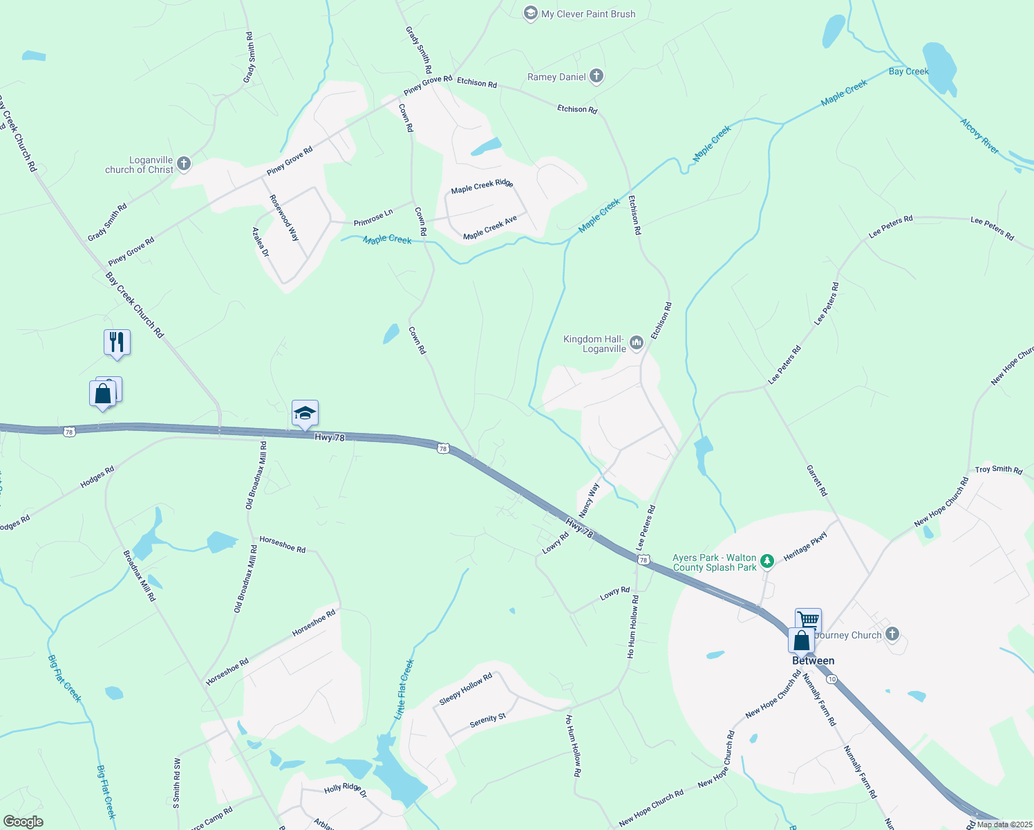 map of restaurants, bars, coffee shops, grocery stores, and more near 2070 Wood Valley Drive in Loganville