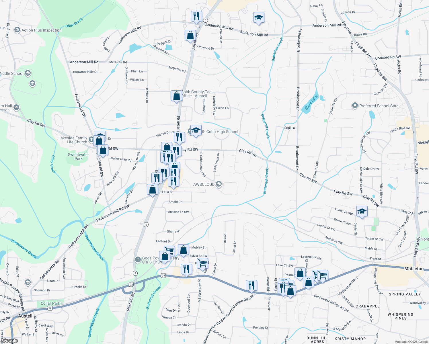 map of restaurants, bars, coffee shops, grocery stores, and more near 5036 Linda Vista Dr in Mableton