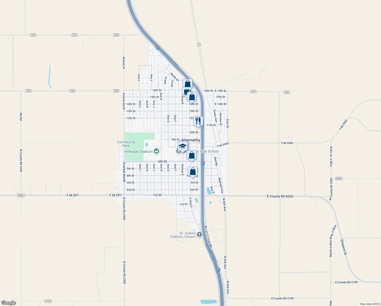 map of restaurants, bars, coffee shops, grocery stores, and more near 714 Ave D in Abernathy