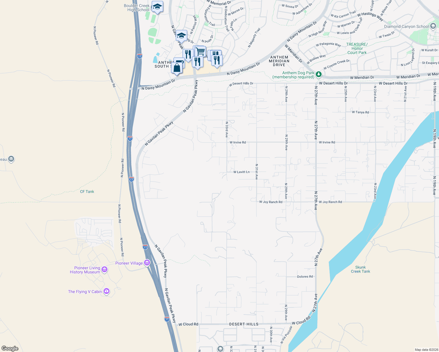 map of restaurants, bars, coffee shops, grocery stores, and more near 38110 North 33rd Avenue in Phoenix