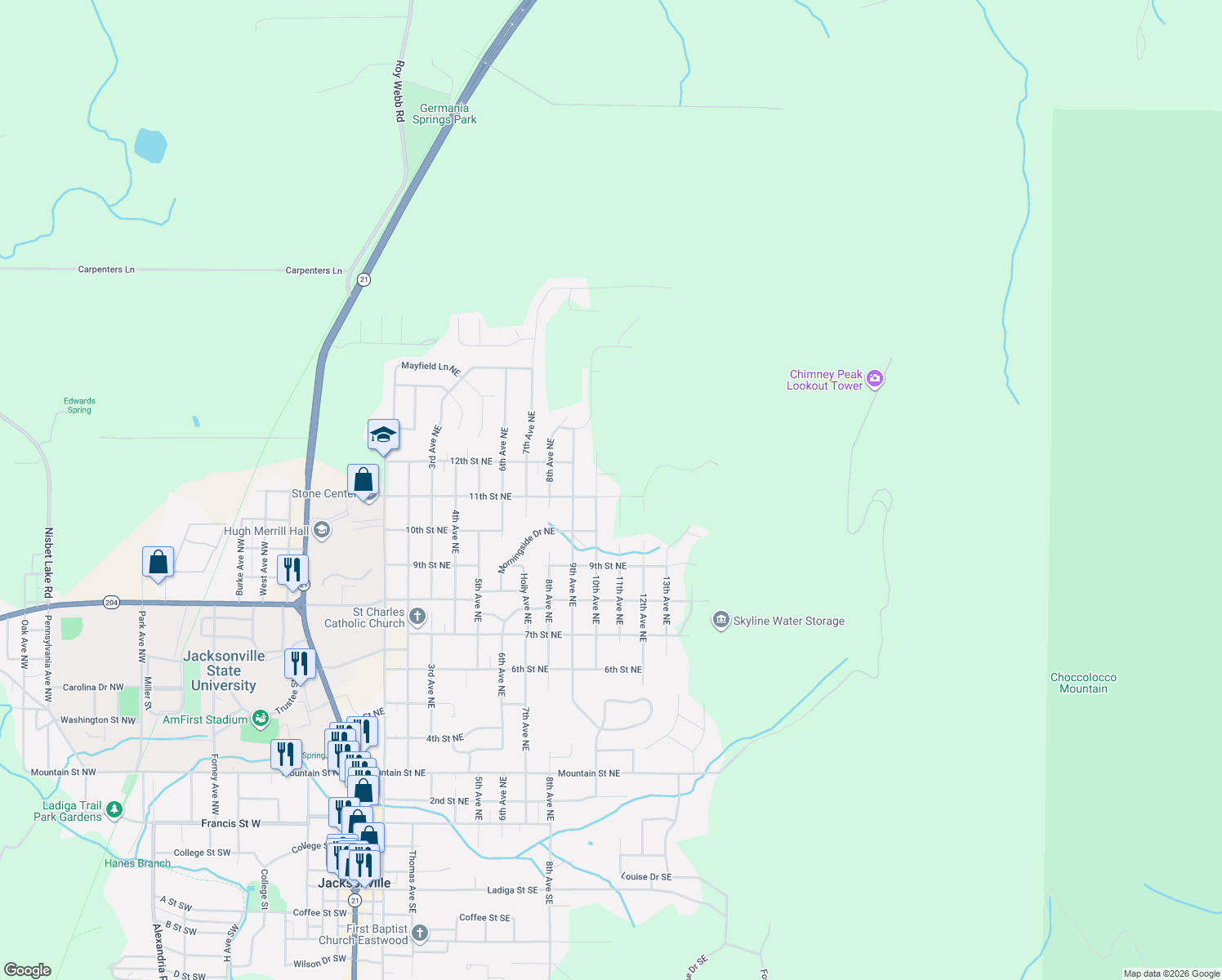 map of restaurants, bars, coffee shops, grocery stores, and more near 1100 11th Street Northeast in Jacksonville