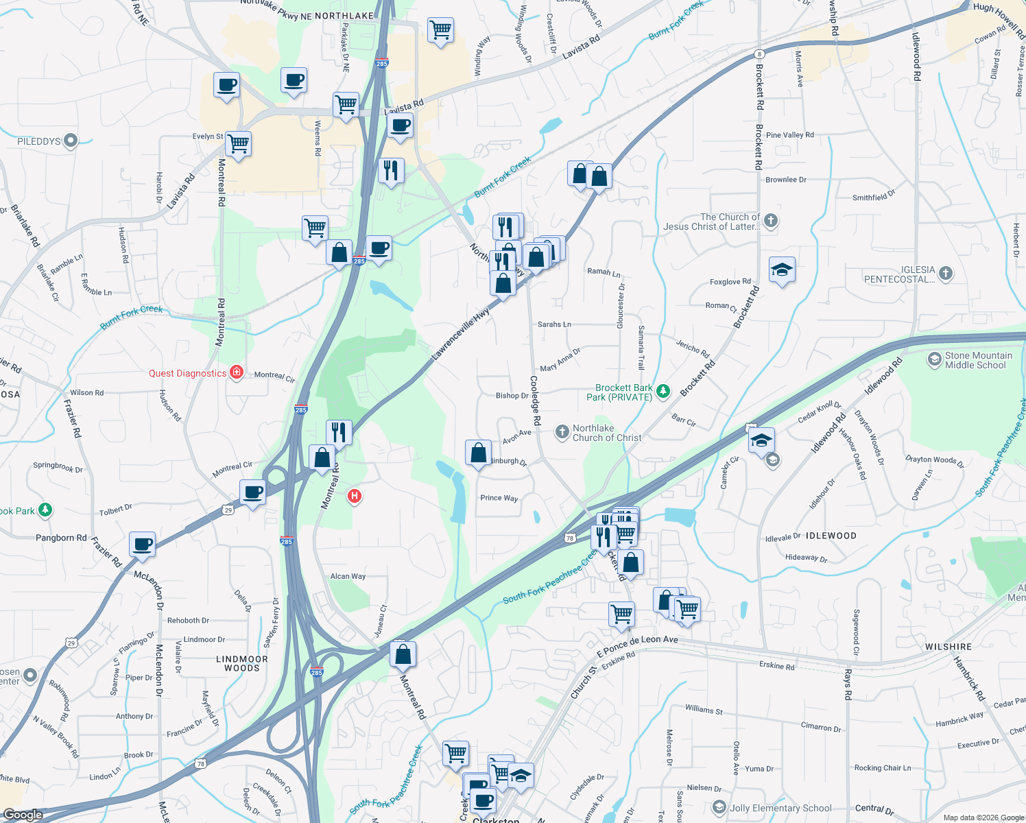 map of restaurants, bars, coffee shops, grocery stores, and more near 1690 Cody Circle in Tucker