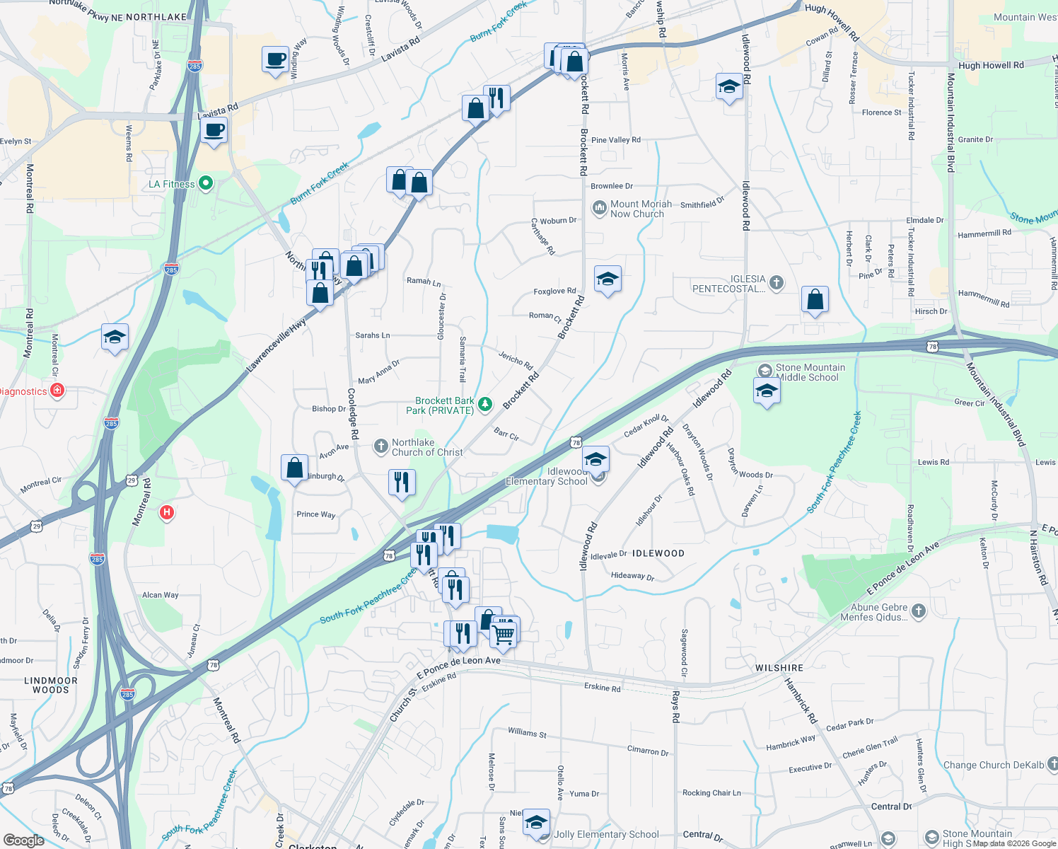 map of restaurants, bars, coffee shops, grocery stores, and more near 3967 Franks Court in Tucker