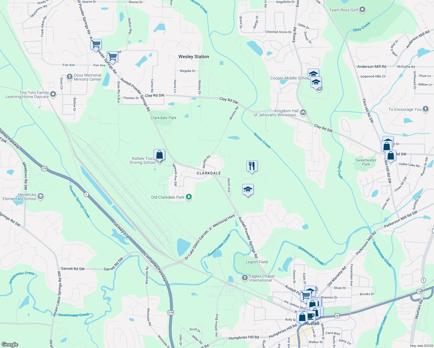 map of restaurants, bars, coffee shops, grocery stores, and more near 3230 Oak Street in Austell