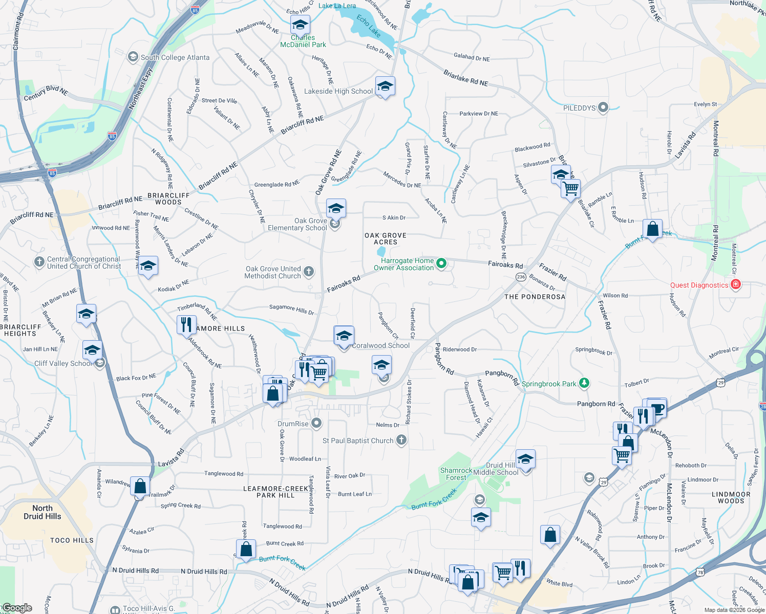 map of restaurants, bars, coffee shops, grocery stores, and more near 2426 Pangborn Circle in Decatur