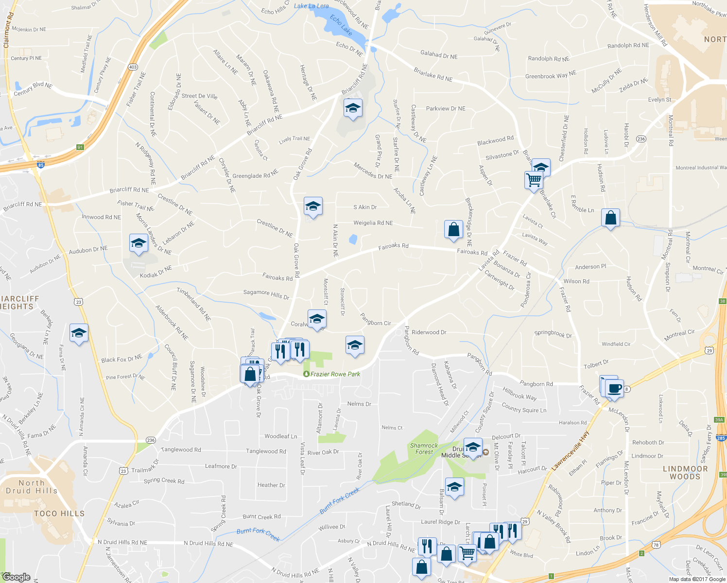 map of restaurants, bars, coffee shops, grocery stores, and more near 1676 Colebrook Circle in Decatur
