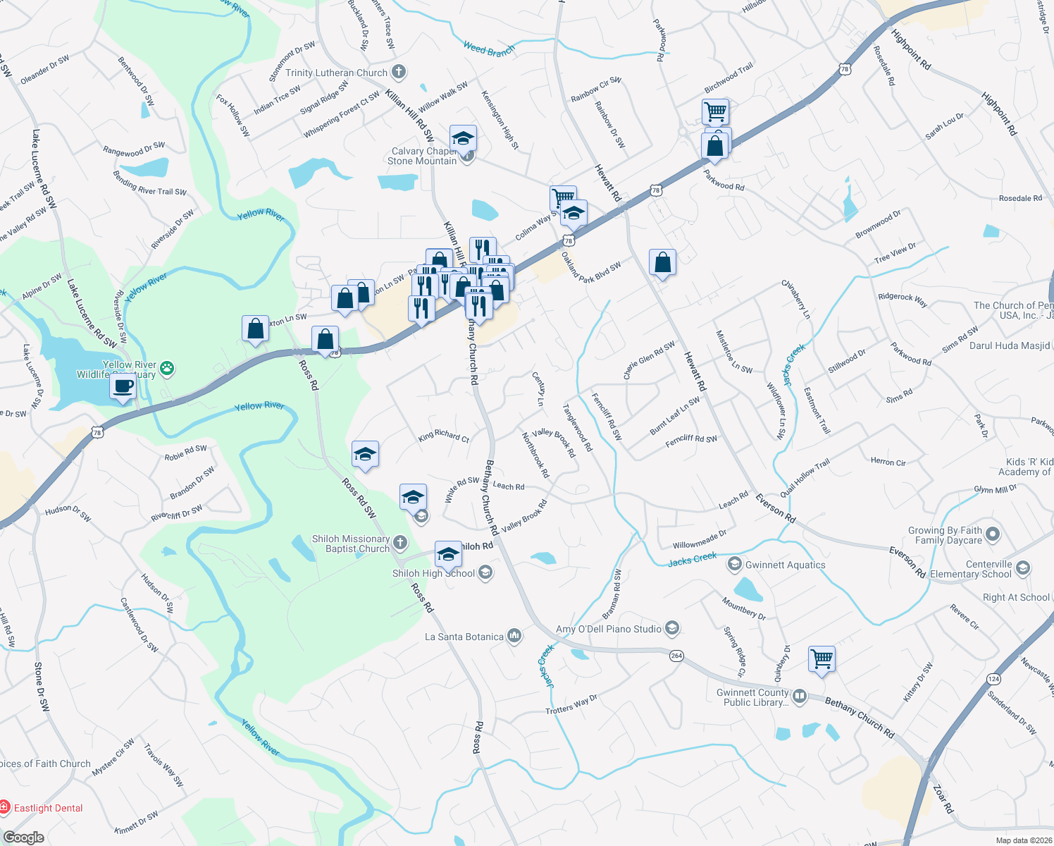 map of restaurants, bars, coffee shops, grocery stores, and more near 4056 Cumberland Drive Southwest in Snellville